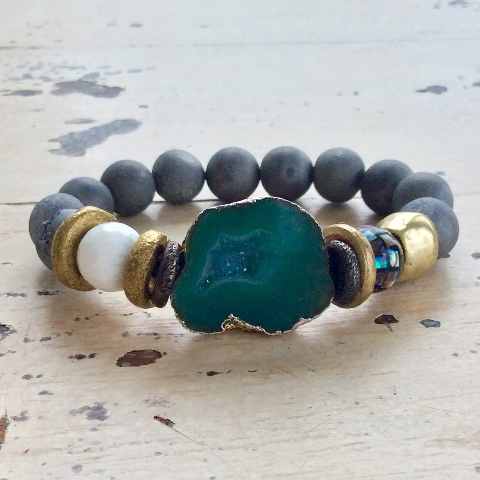 Green Druzy Agate Statement Gemstone Beaded Bracelet