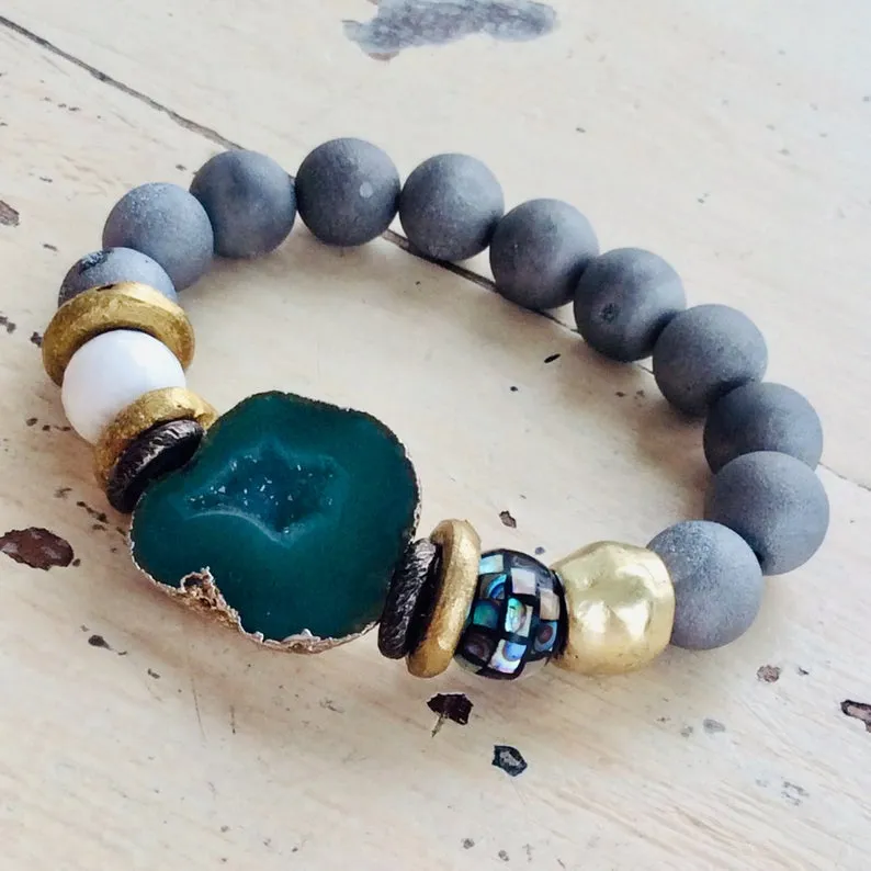 Green Druzy Agate Statement Gemstone Beaded Bracelet