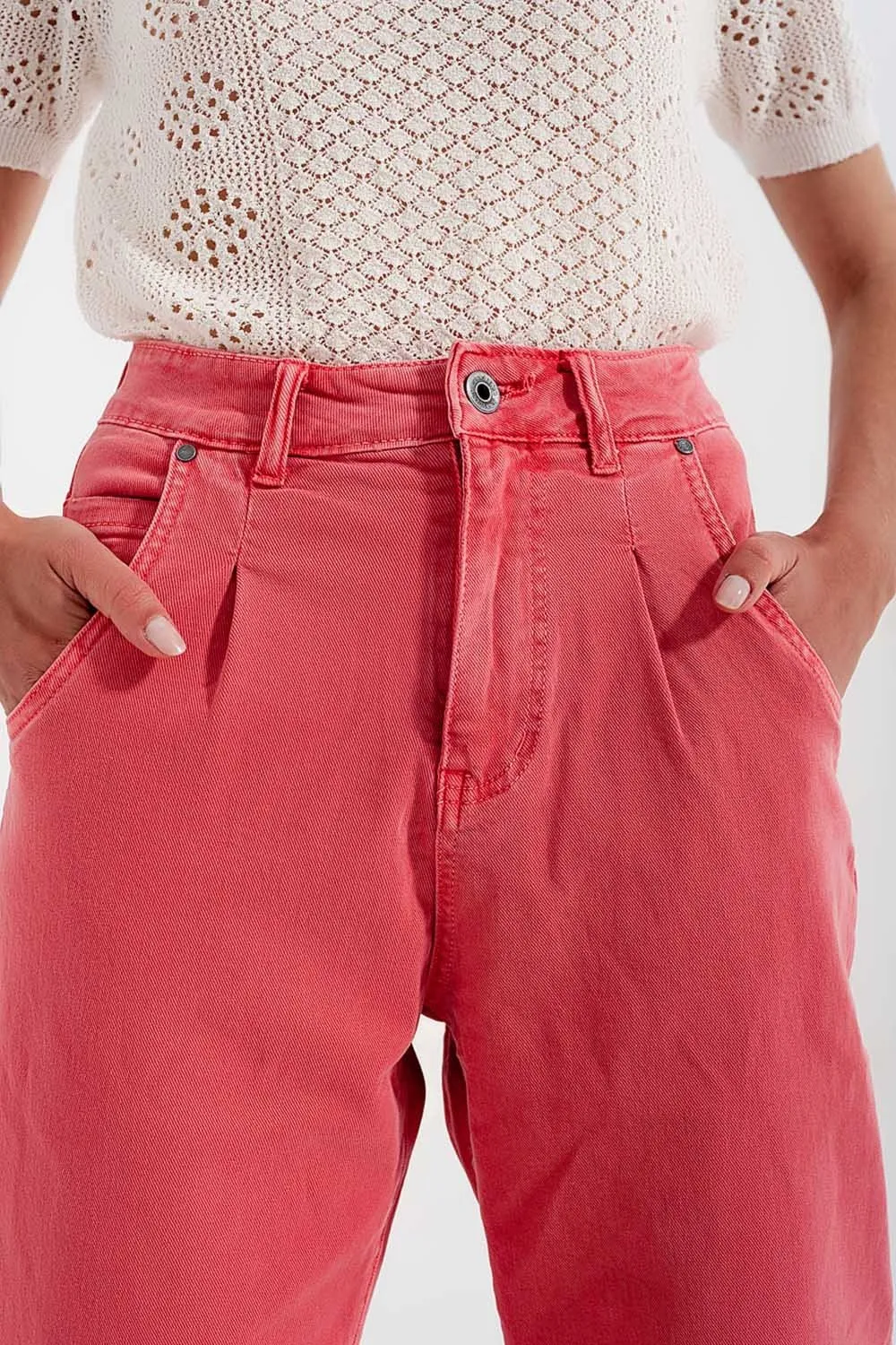 High Rise Mom Jeans With Pleat Front in Pink