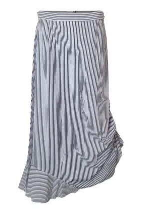 IRIS & INK Blue White Striped Cotton Asymmetric Midi Skirt (UK 14)