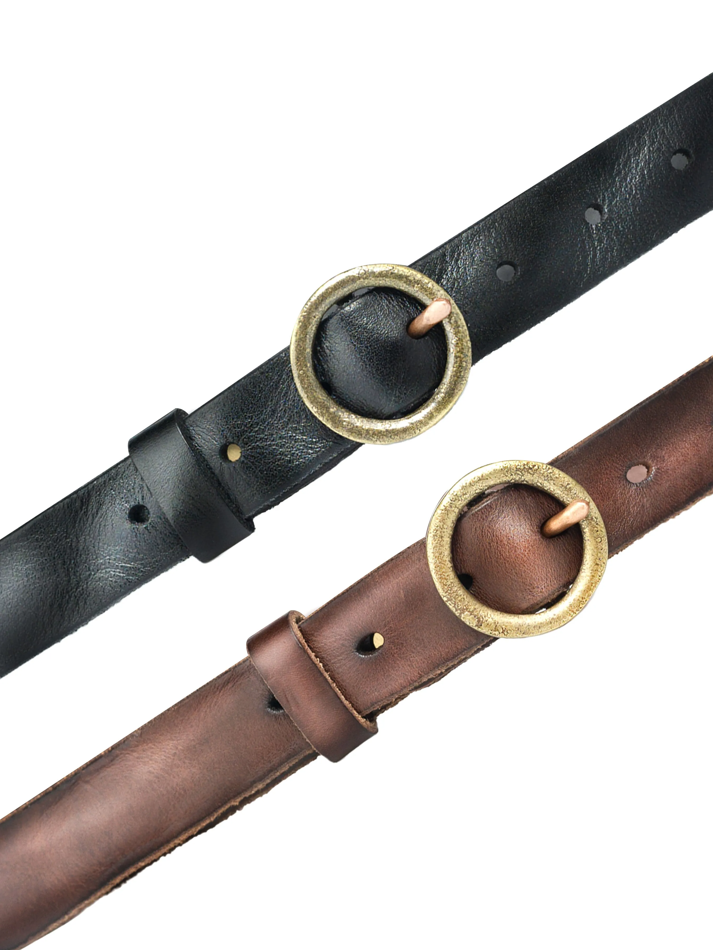 Italian Rustic Leather Belt with Round Gold-toned Buckle