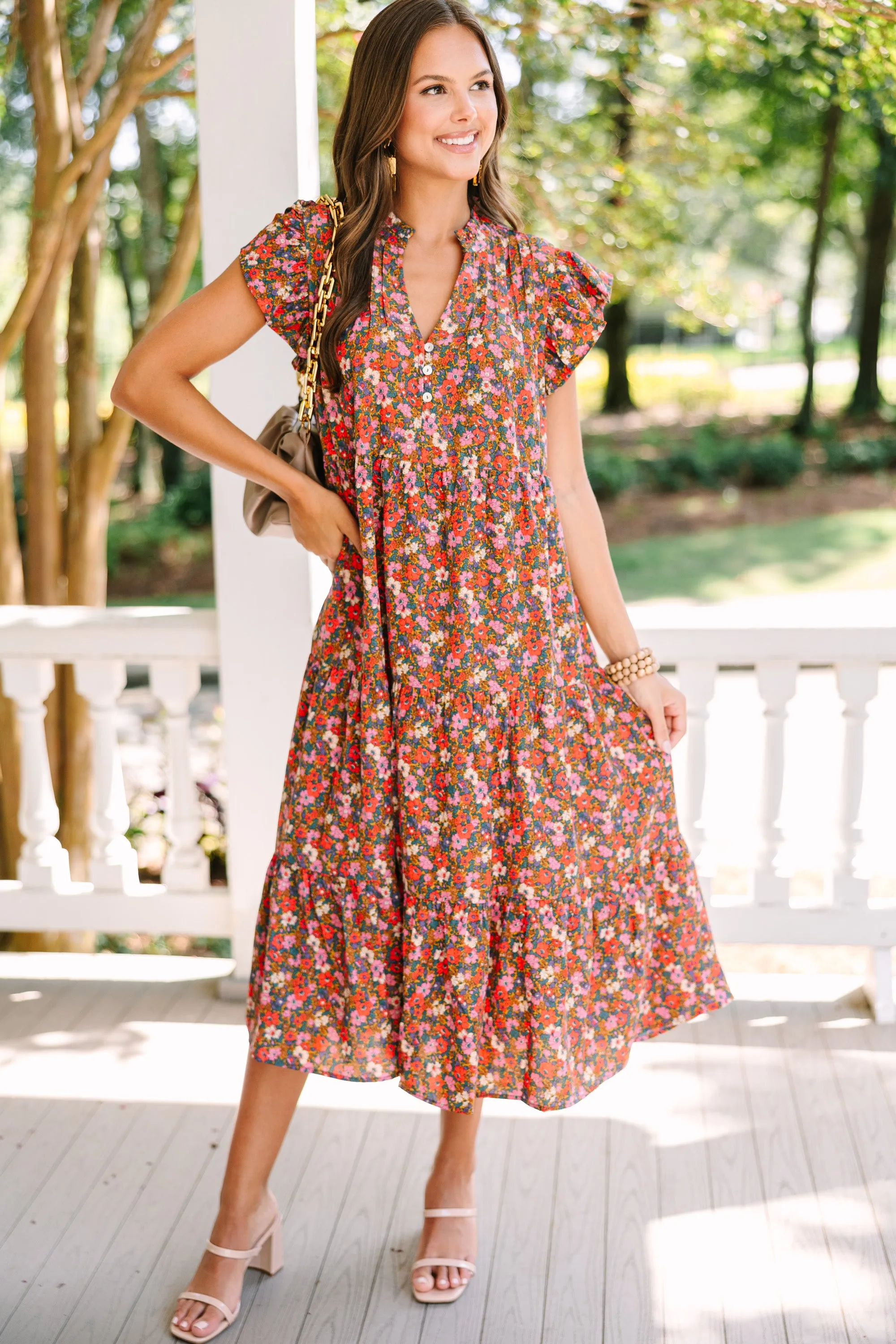 It's Another Day Brick Red Ditsy Floral Midi Dress