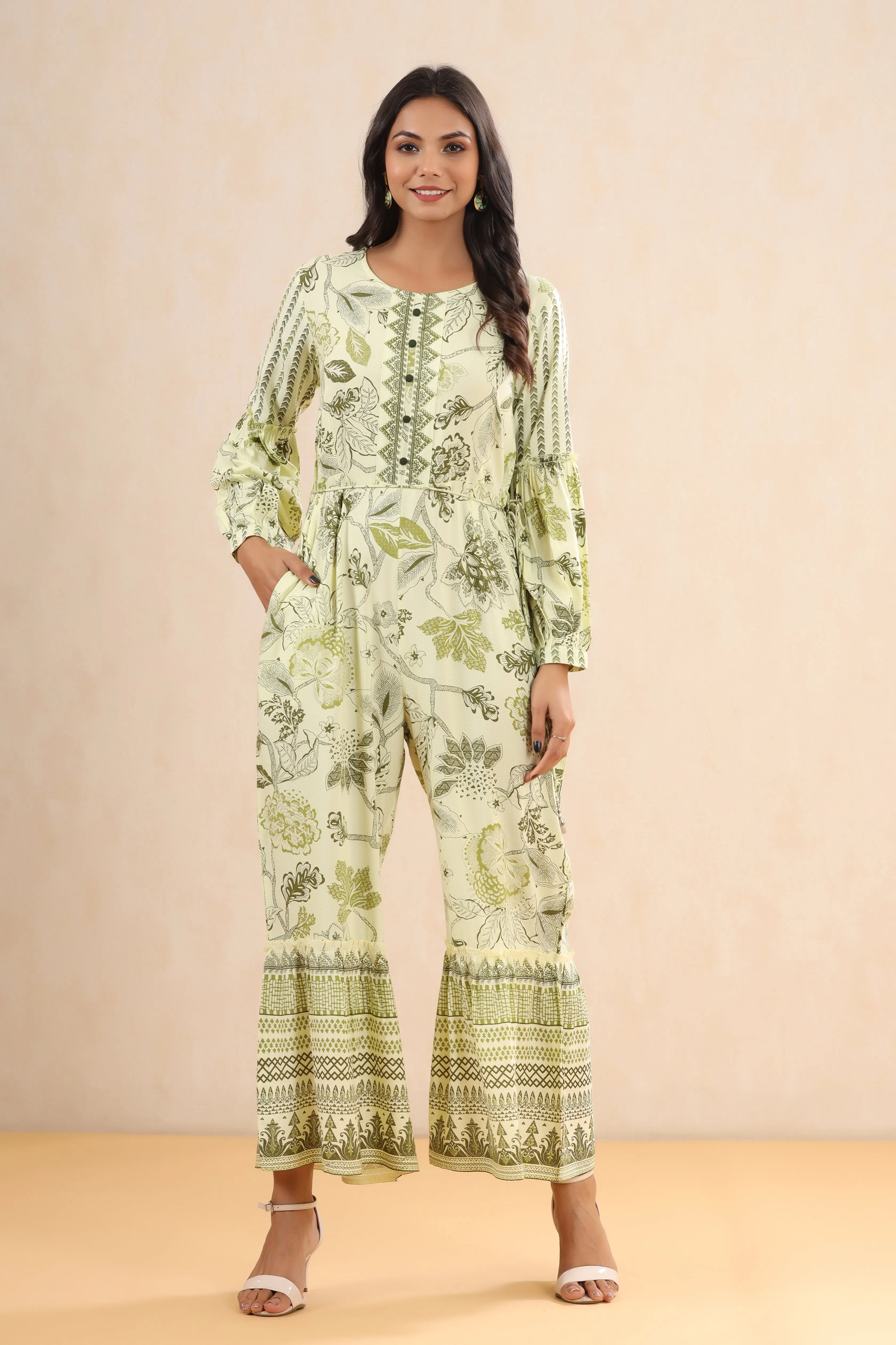 Juniper Light Olive Floral Printed Rayon Jumpsuit.