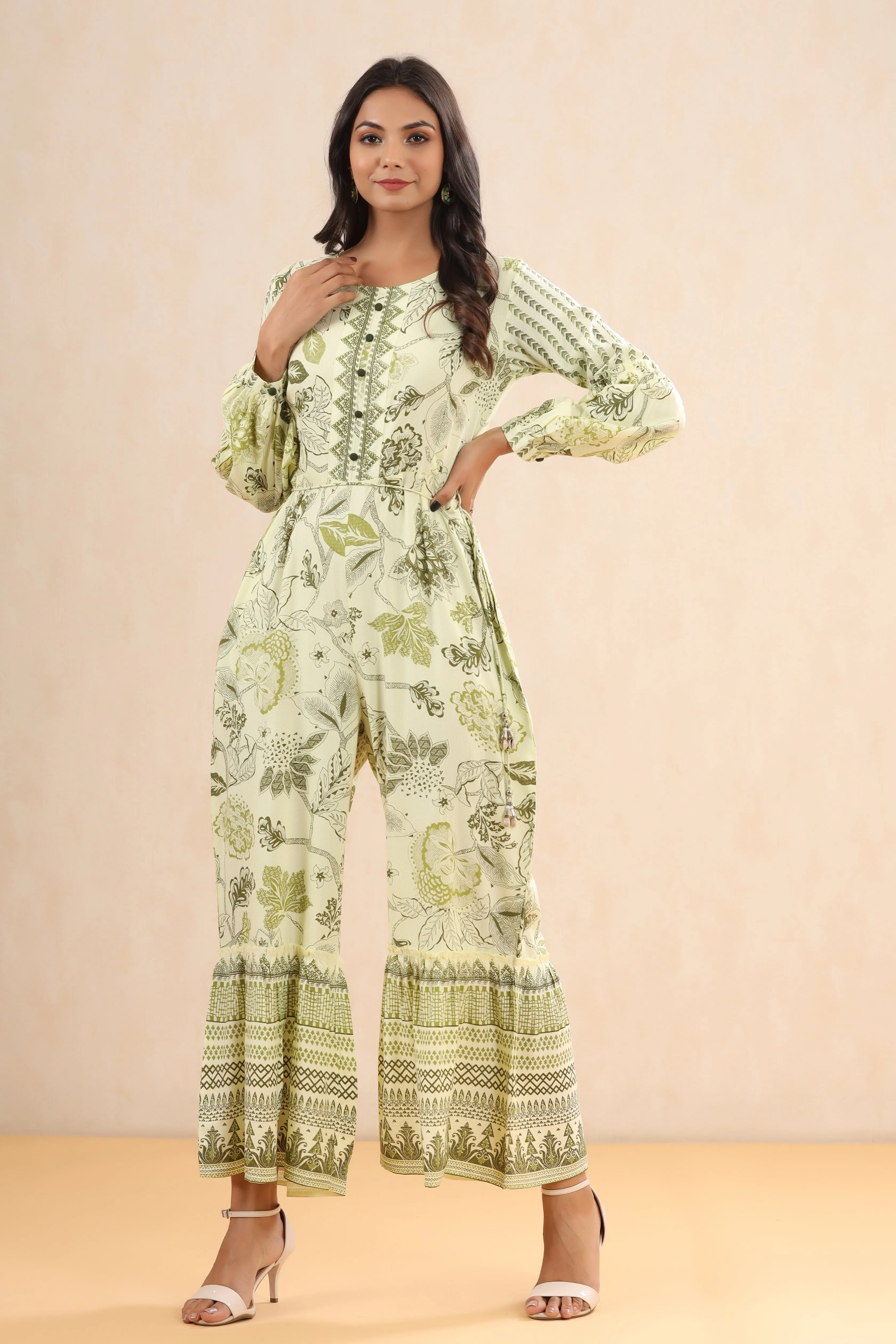 Juniper Light Olive Floral Printed Rayon Jumpsuit.