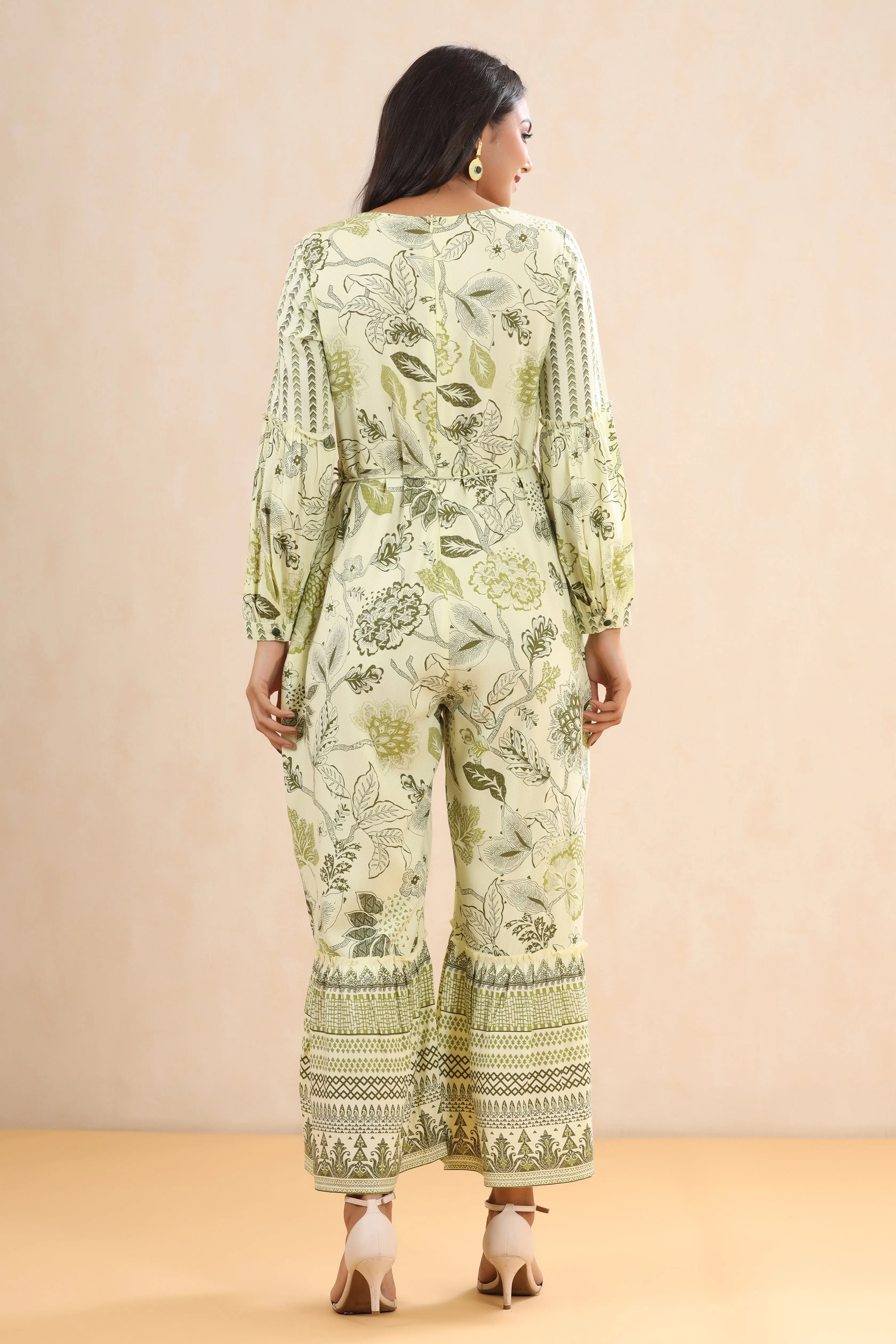 Juniper Light Olive Floral Printed Rayon Jumpsuit.