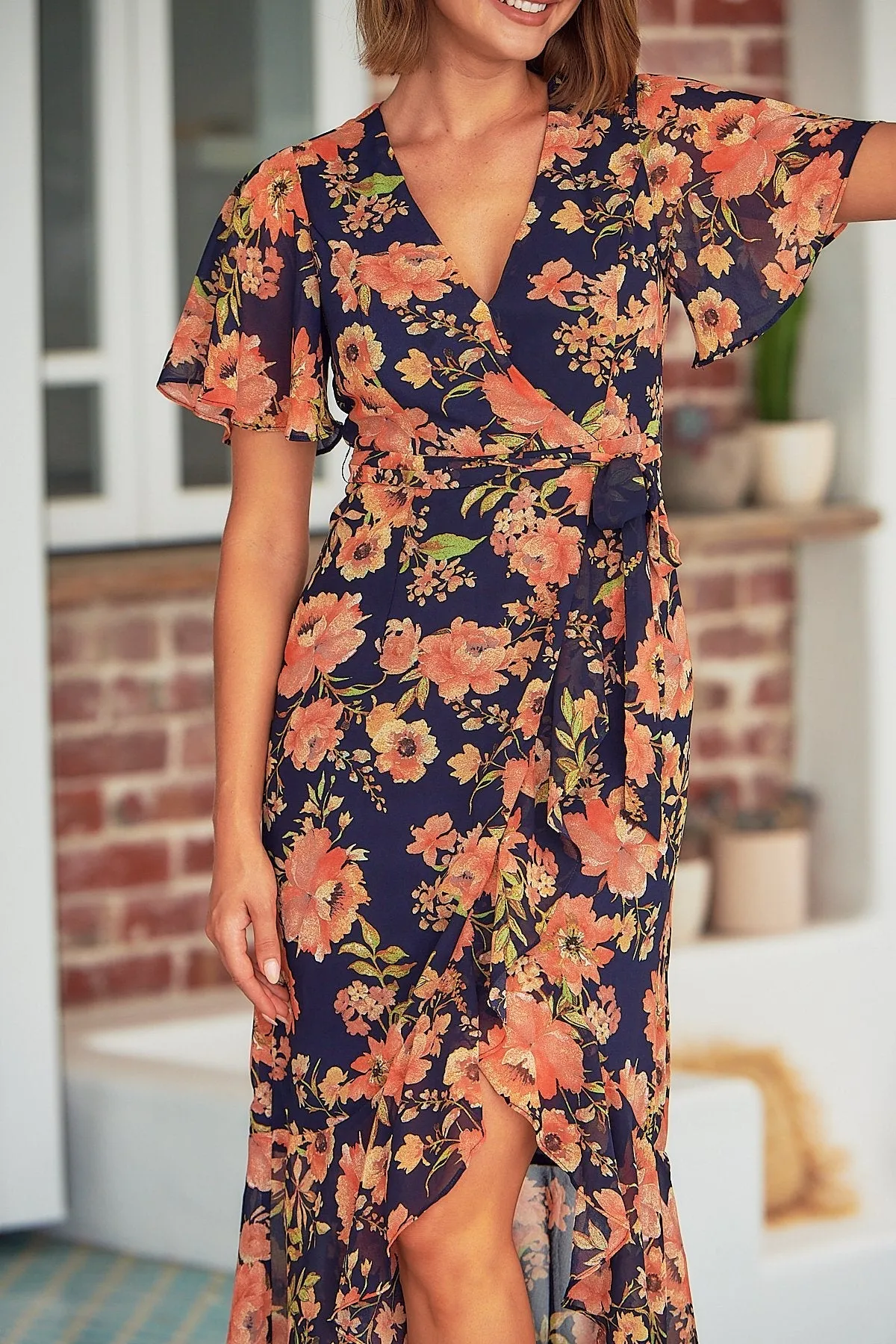 Kara Floral Navy Orange Chiffon X/Over Maxi Dress