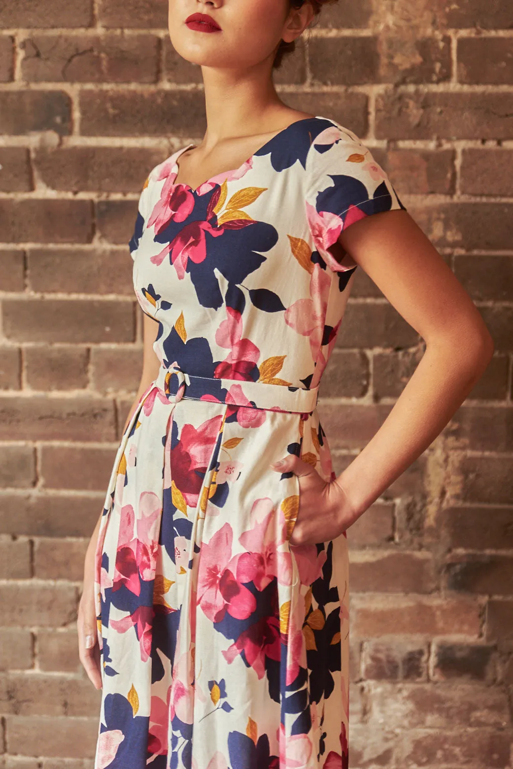 Laura Fuchsia & Navy Floral Linen Dress