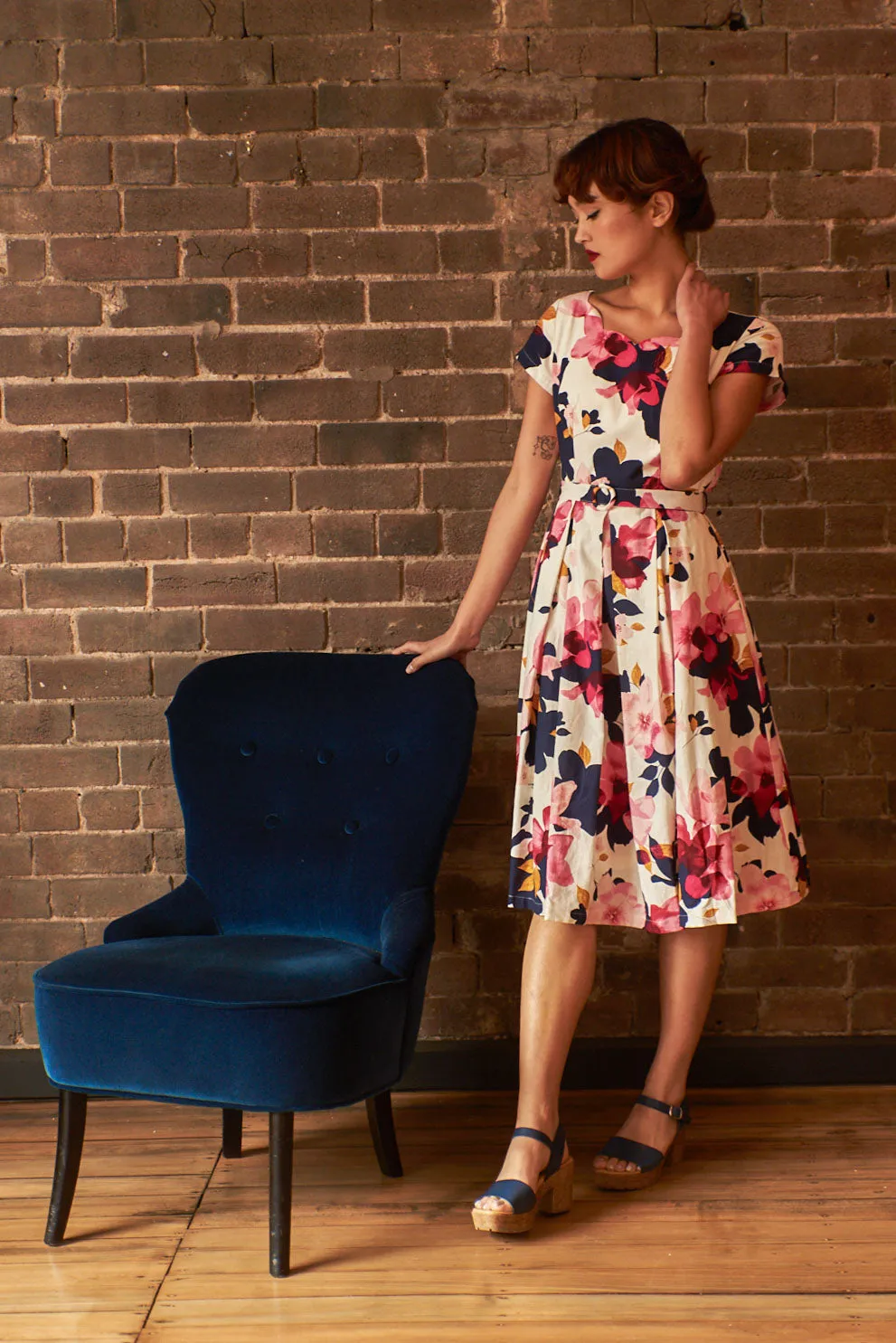 Laura Fuchsia & Navy Floral Linen Dress