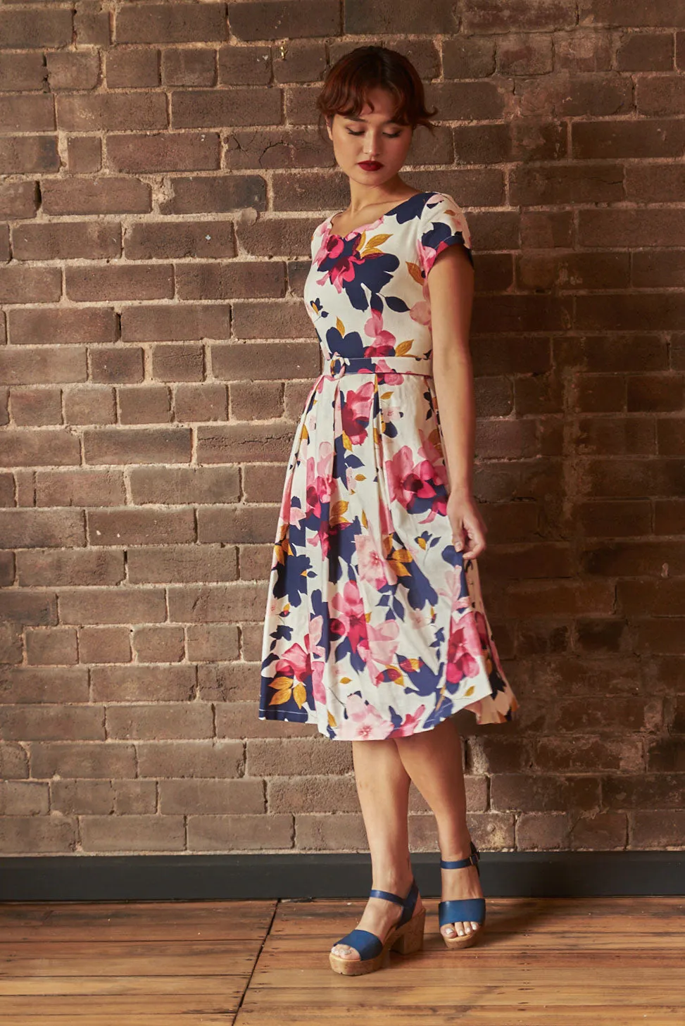 Laura Fuchsia & Navy Floral Linen Dress