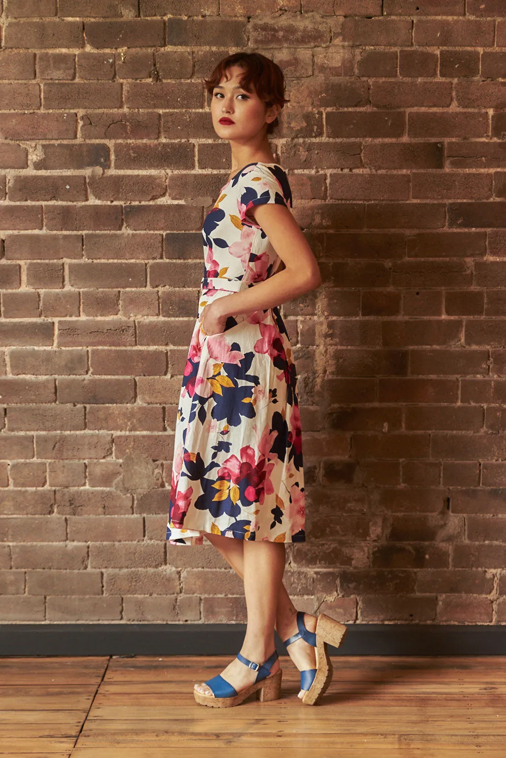 Laura Fuchsia & Navy Floral Linen Dress