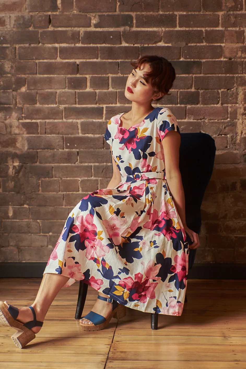 Laura Fuchsia & Navy Floral Linen Dress