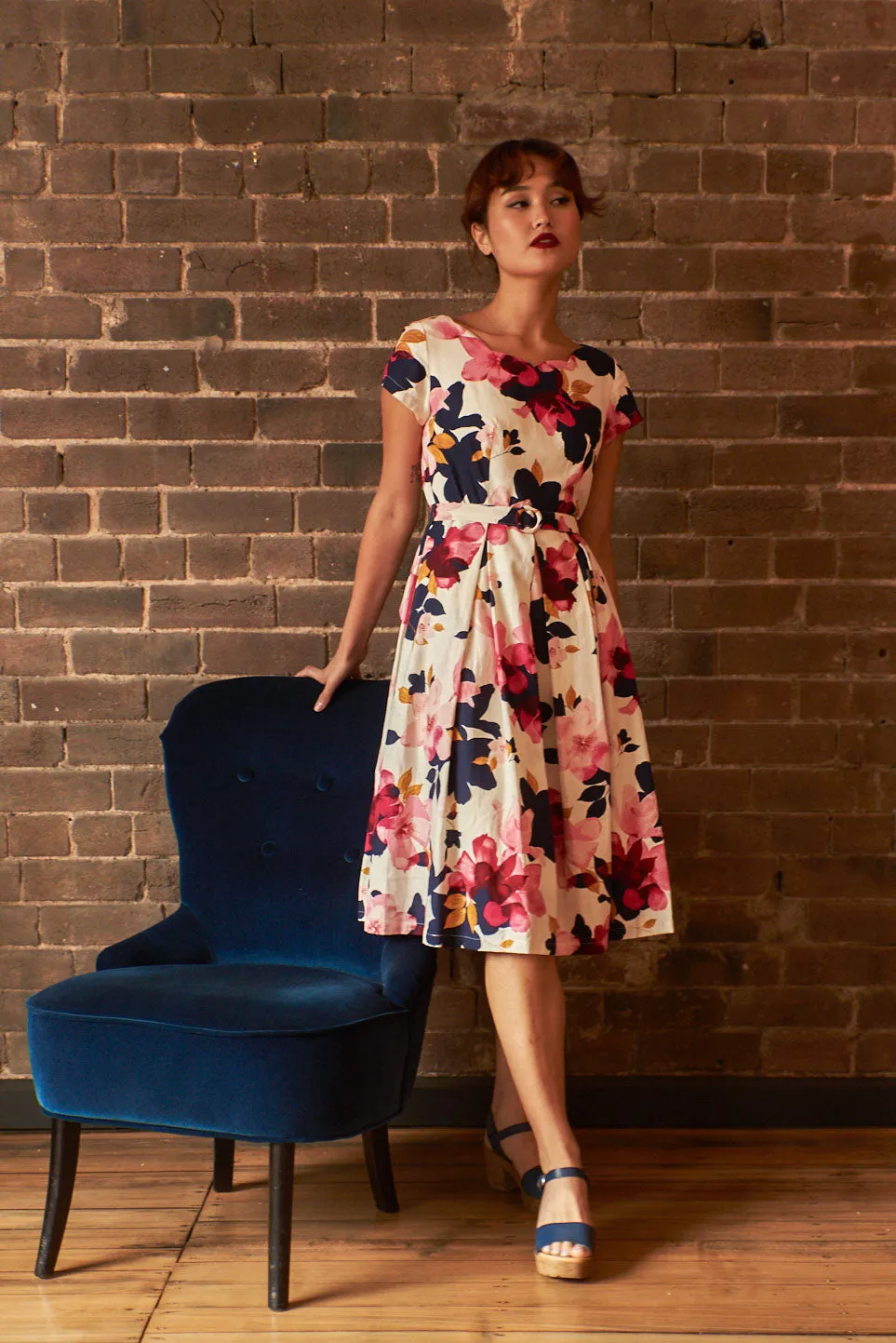 Laura Fuchsia & Navy Floral Linen Dress