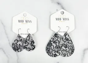 Leather Teardrop Earring Black&White Lace