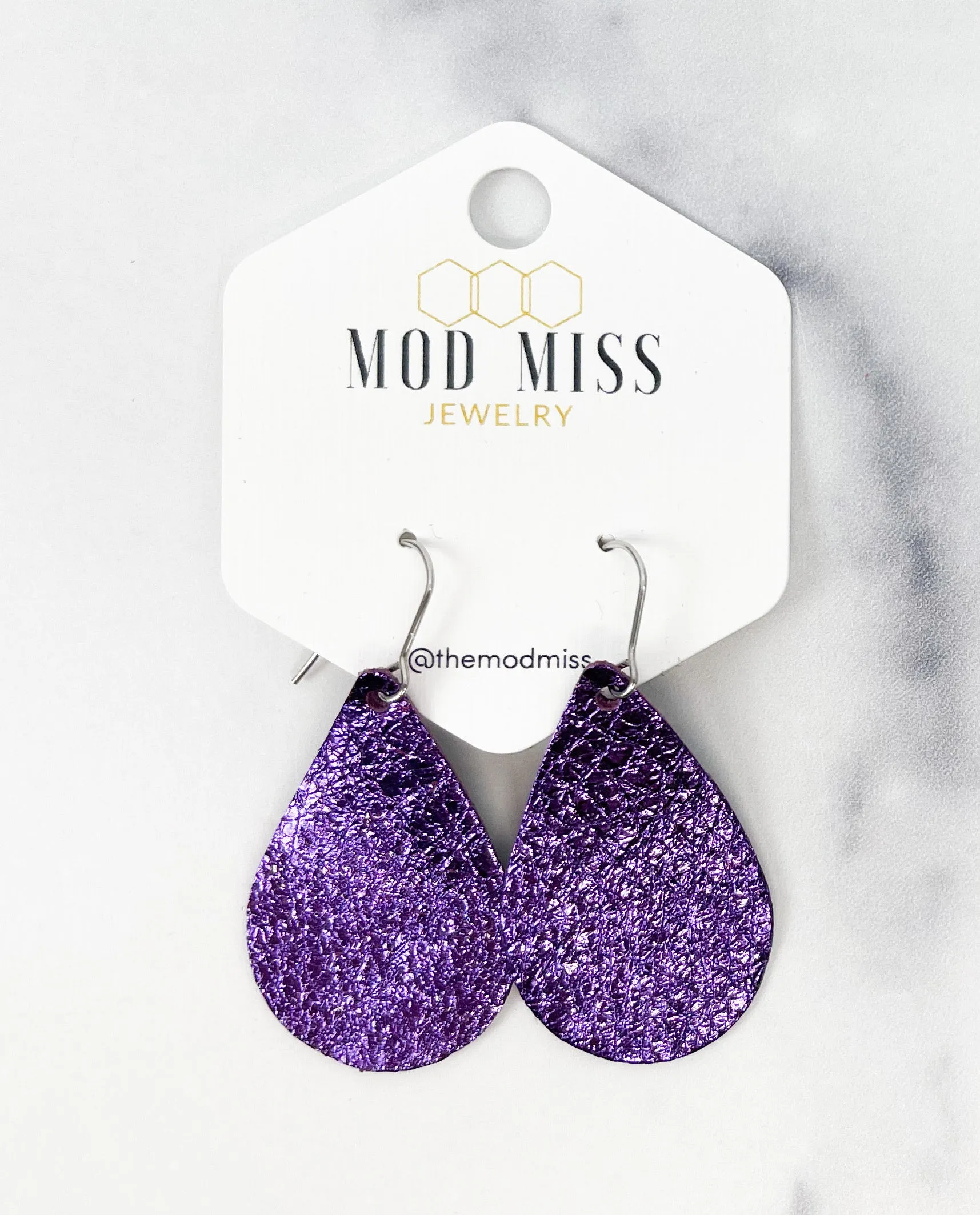 Leather Teardrop Earring Metallic Purple