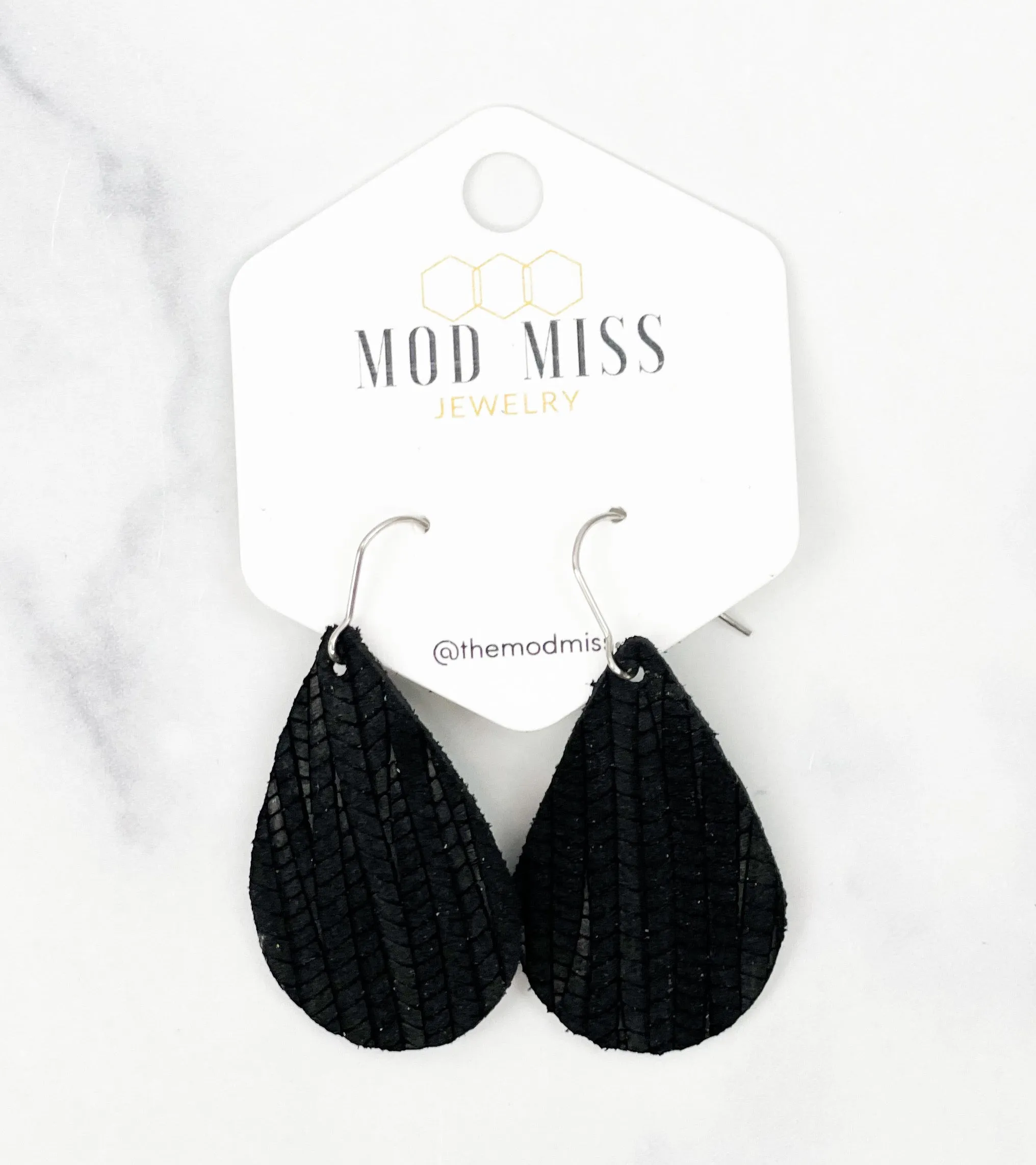 Leather Teardrop Earring Palm Black