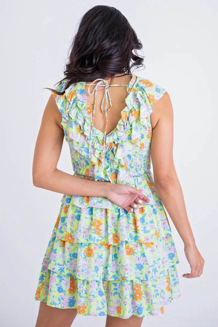 Lime Floral Vneck Tier Dress