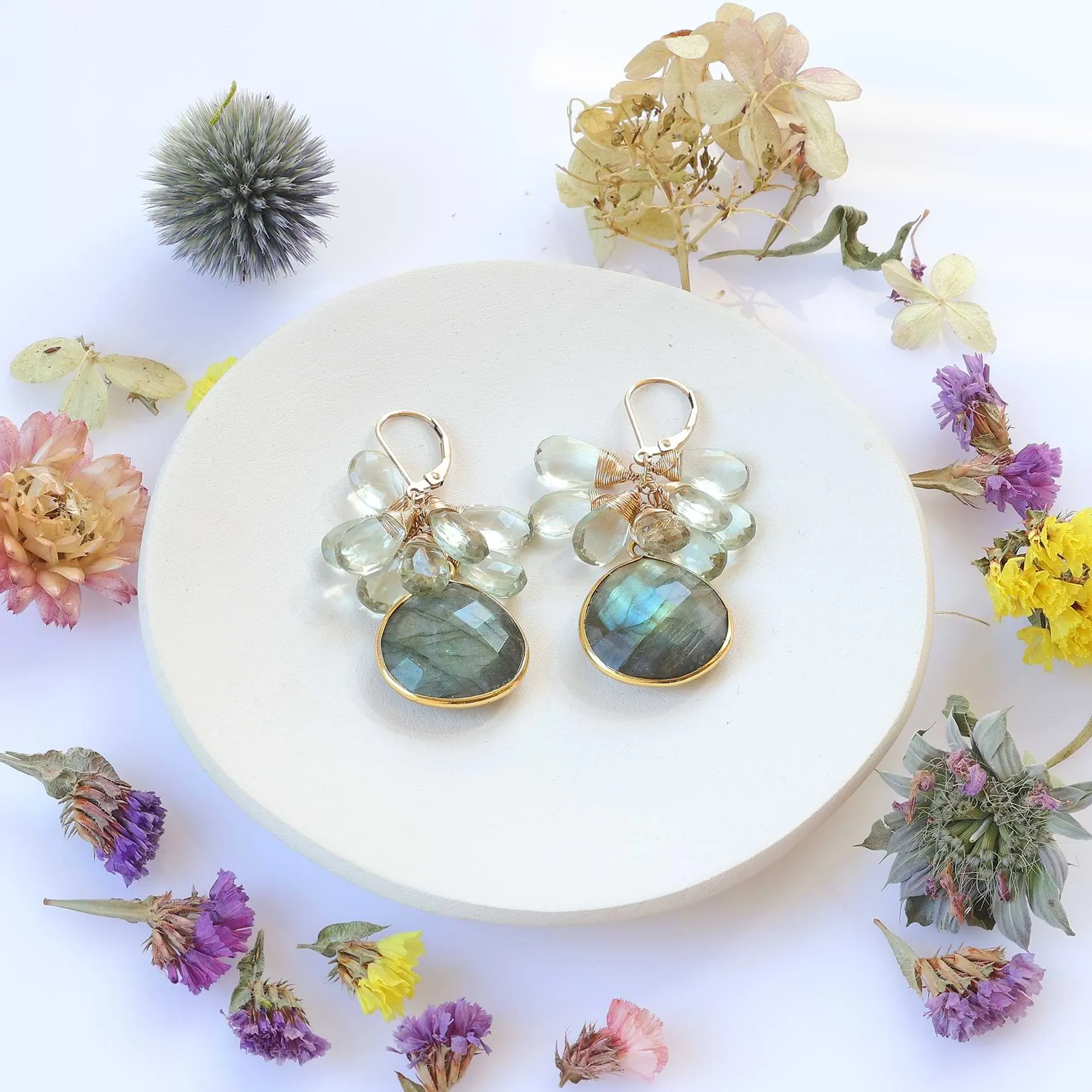 Matcha - Labradorite and Green Amethyst Cluster Gold Earrings