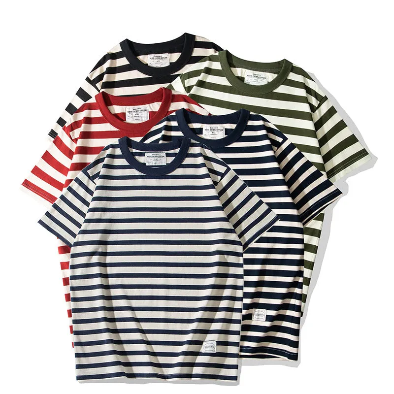 Men's Casual Round Neck Retro Pinstripe Marine Short Sleeve T-Shirt