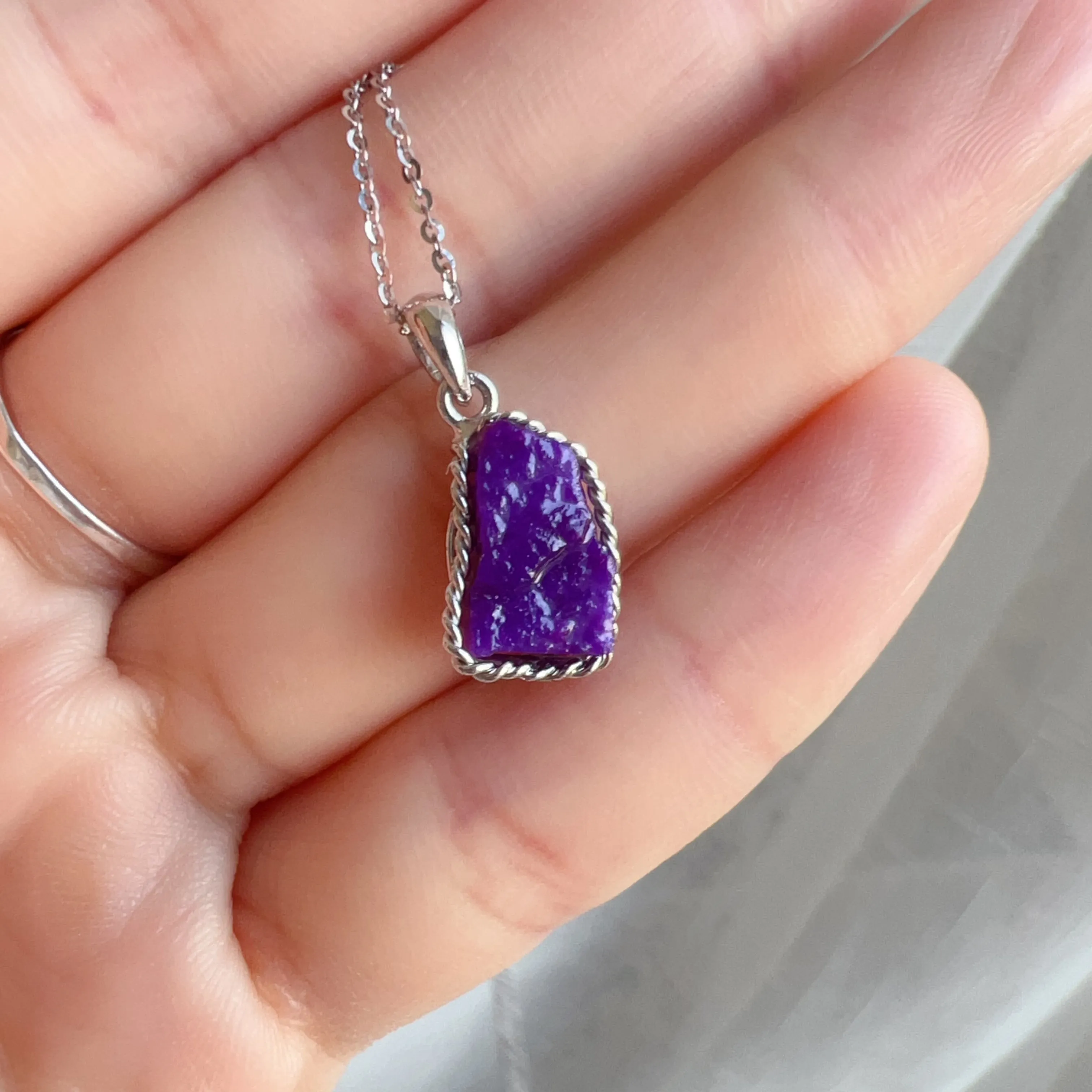 Natural Royal Purple Sugilite Raw Stone Pendant with Sterling Silver Wrap | Body Detox Remove Negativity