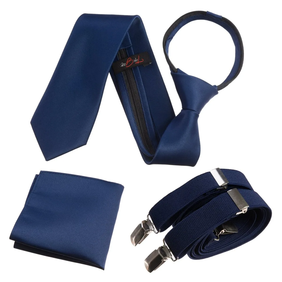 Neck Tie Pocket Square and Adjustable Stretch Suspender Set