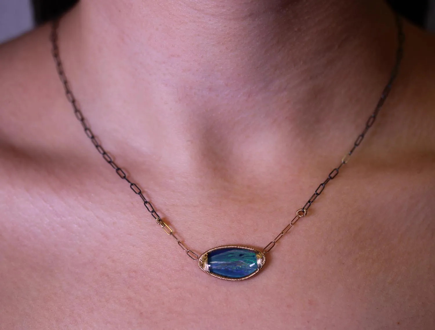 Opal Pendant with Paperclip-Style Chain Necklace