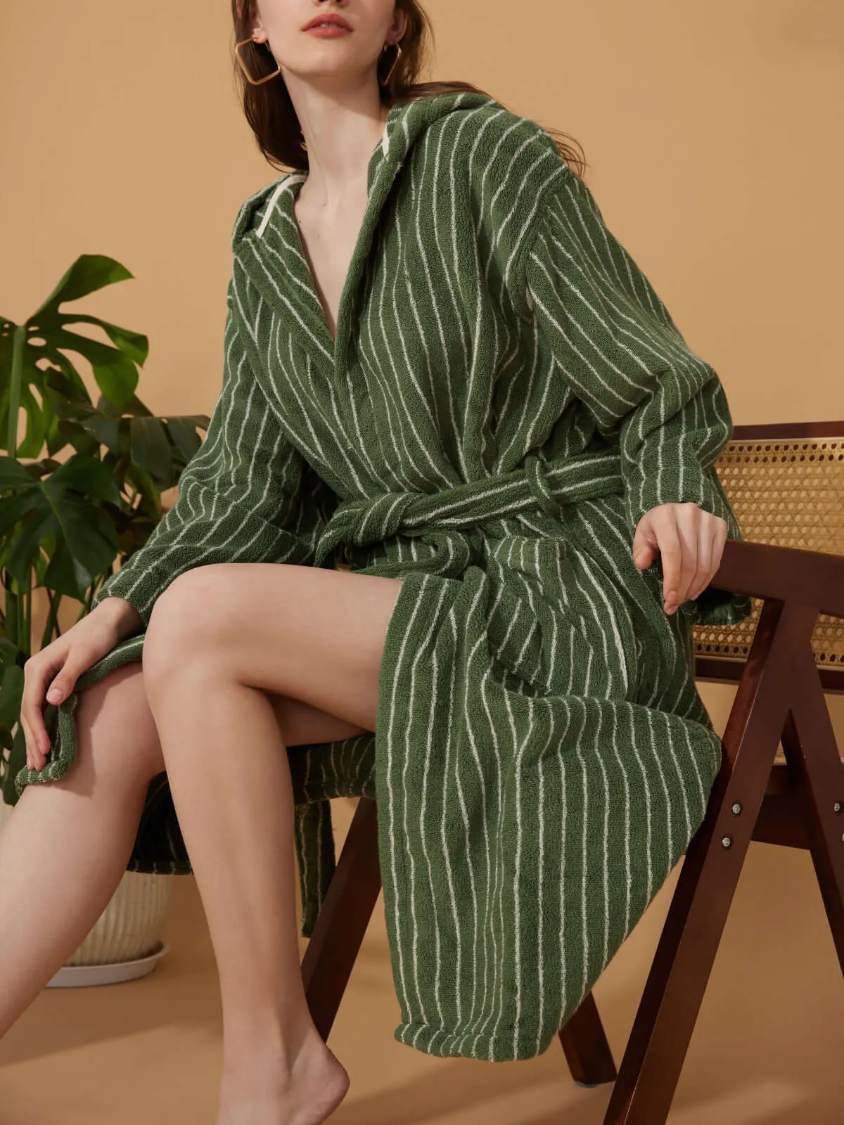 Organic Cotton Striped Bathrobe Green