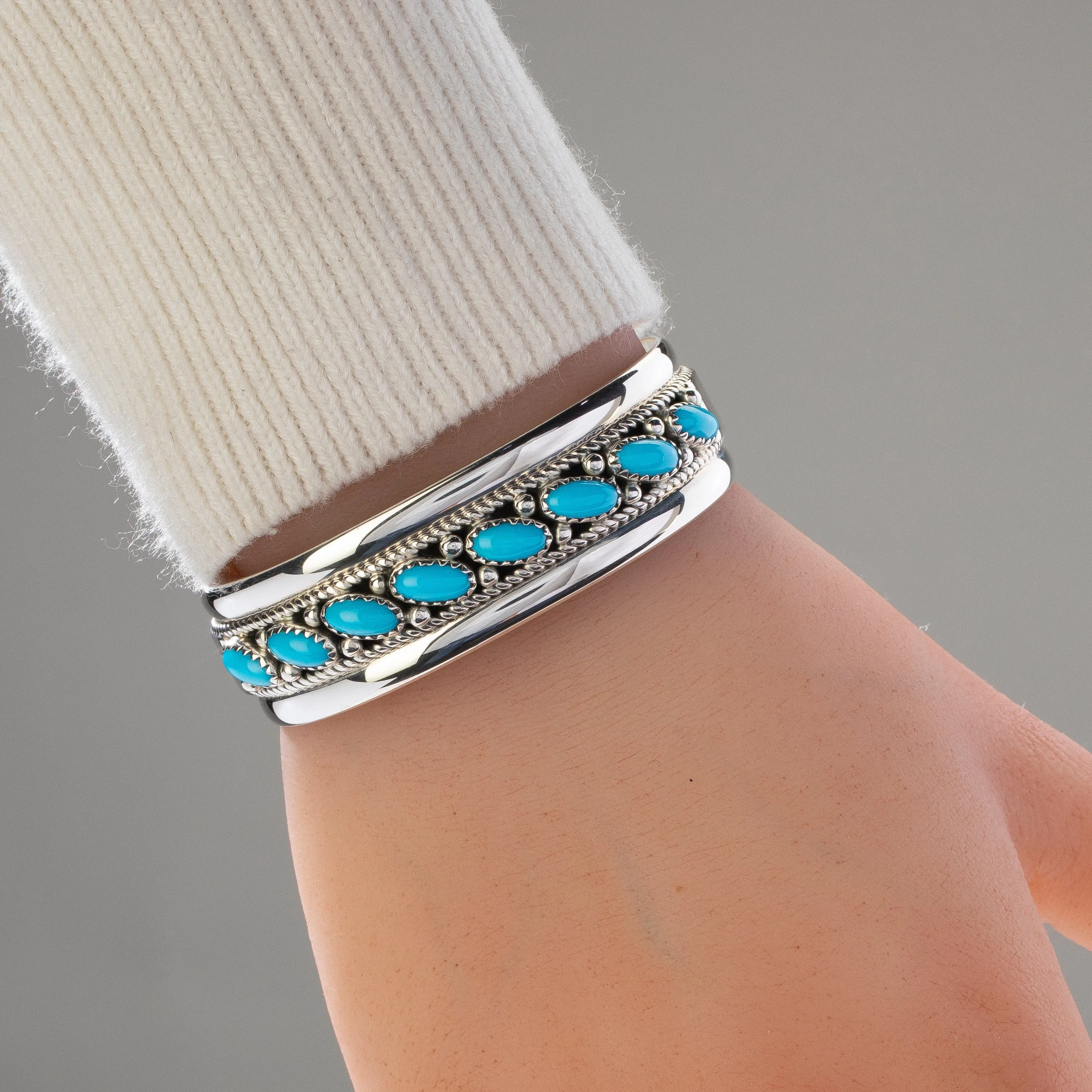 Paul Livingston Navajo Diagonal Sleeping Beauty Turquoise USA Native American Made 925 Sterling Silver Cuff