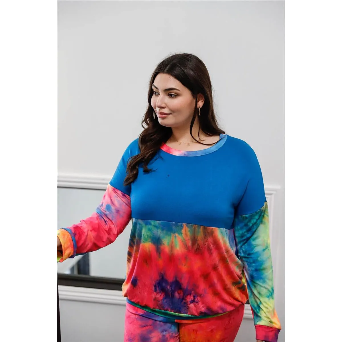 Plus Blue Neon Rainbow Tie-dye Colorblock Long Sleeve Top & Biker Shorts Set