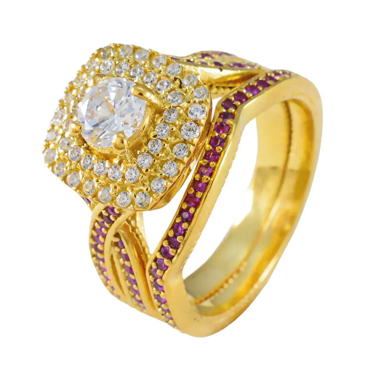 Riyo Classical Silver Ring With Yellow Gold Plating Ruby CZ Stone Round Shape Prong Setting Ring