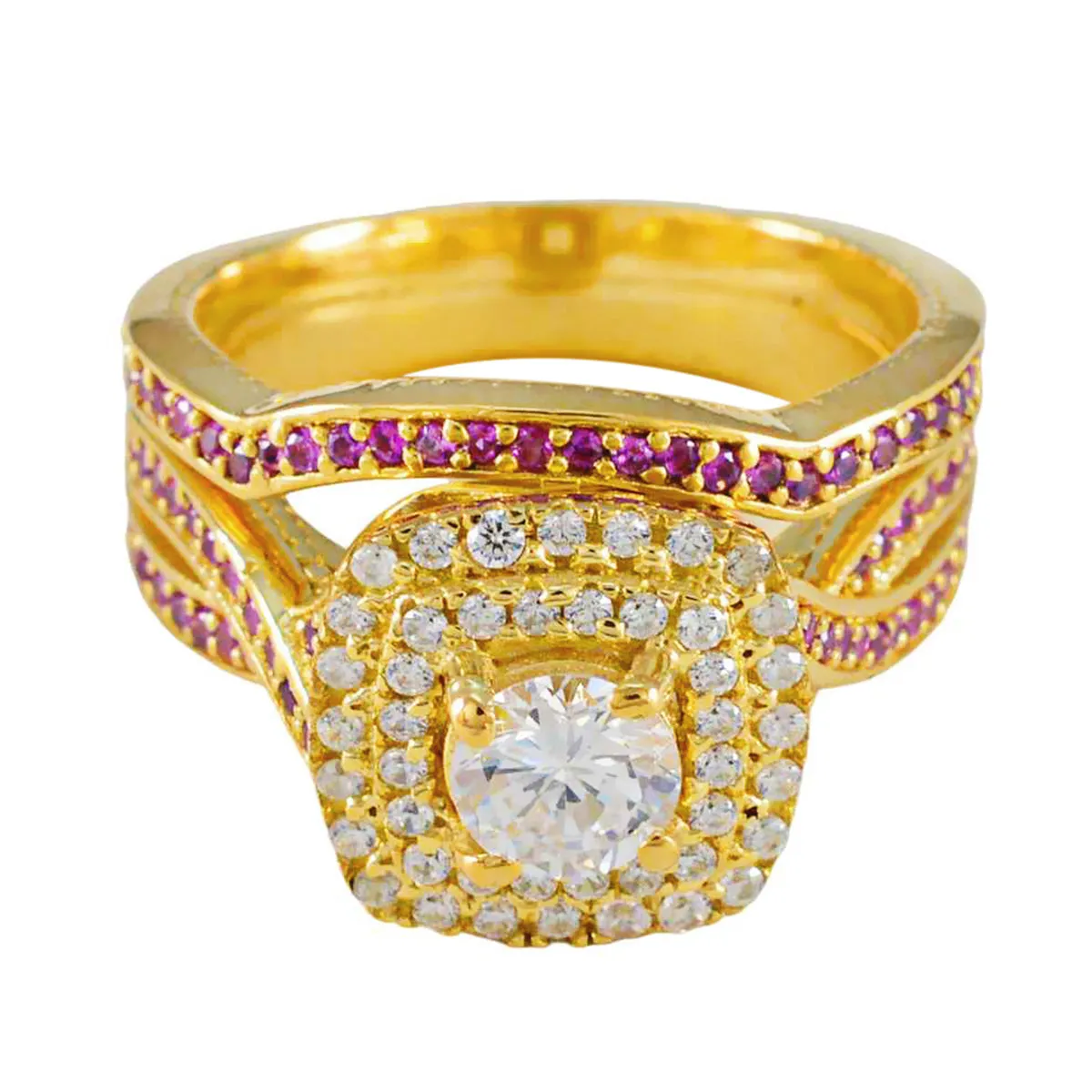 Riyo Classical Silver Ring With Yellow Gold Plating Ruby CZ Stone Round Shape Prong Setting Ring