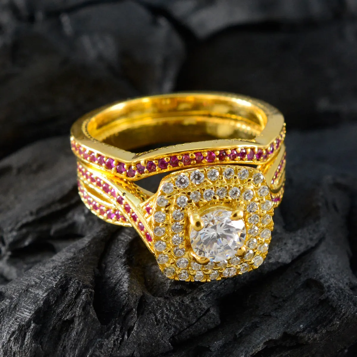 Riyo Classical Silver Ring With Yellow Gold Plating Ruby CZ Stone Round Shape Prong Setting Ring