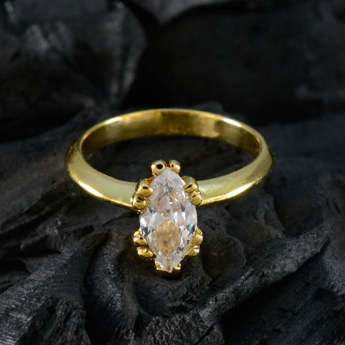 Riyo Excellent Silver Ring With Yellow Gold Plating White CZ Stone Marquise Shape Prong Setting Ring