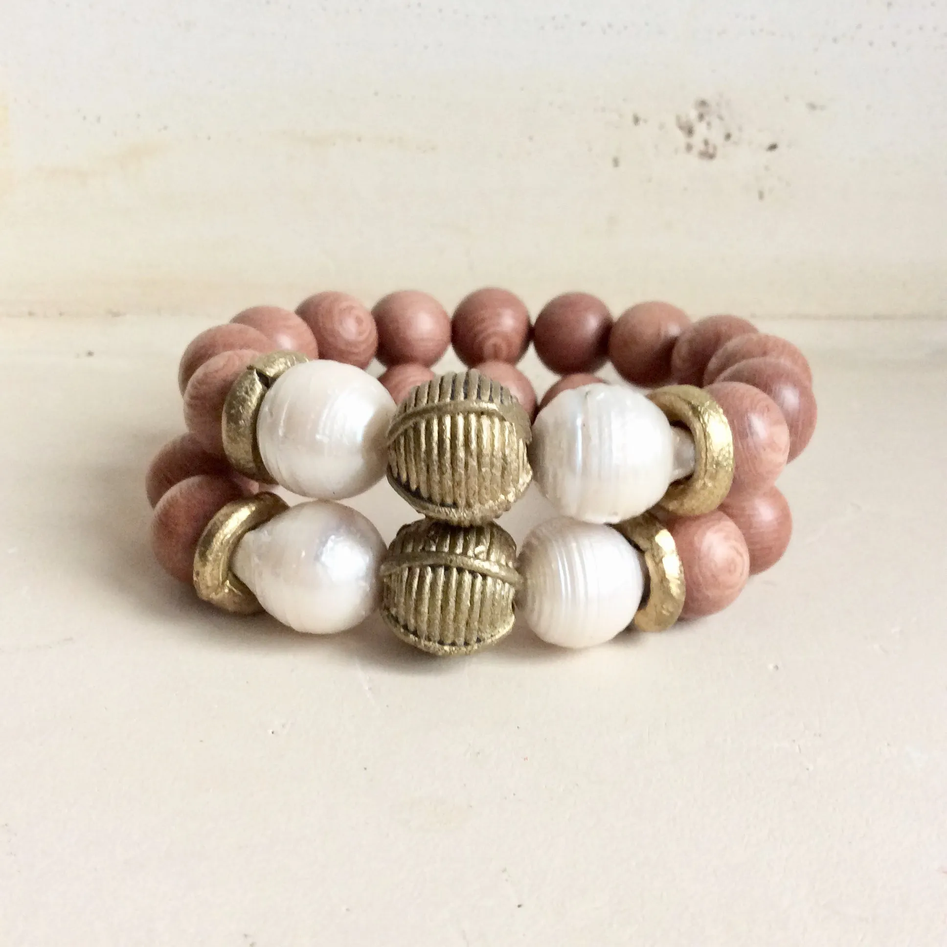 Rosewood & Freshwater Baroque pearls w African Brass Bracelet