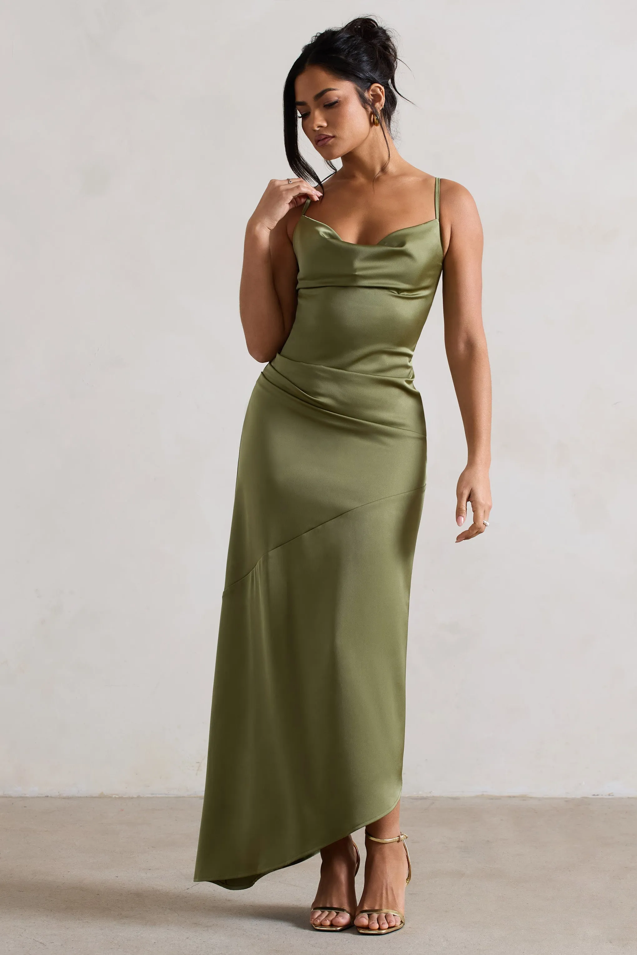 Santi | Olive Green Satin Cowl-Neck Asymmetric Maxi Dress