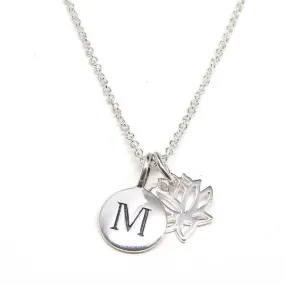 Silver Initial & Lotus Charm Necklace