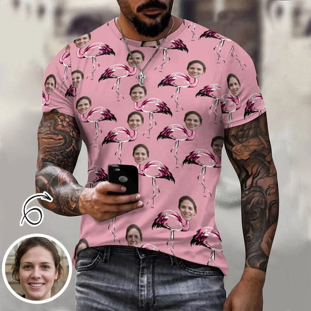 Slim Fit Cotton T-Shirt-Custom Face Flamingo Pink Pure Cotton Slim Fit T-Shirt Personalized Men's All Over Print Short Sleeve T-Shirt