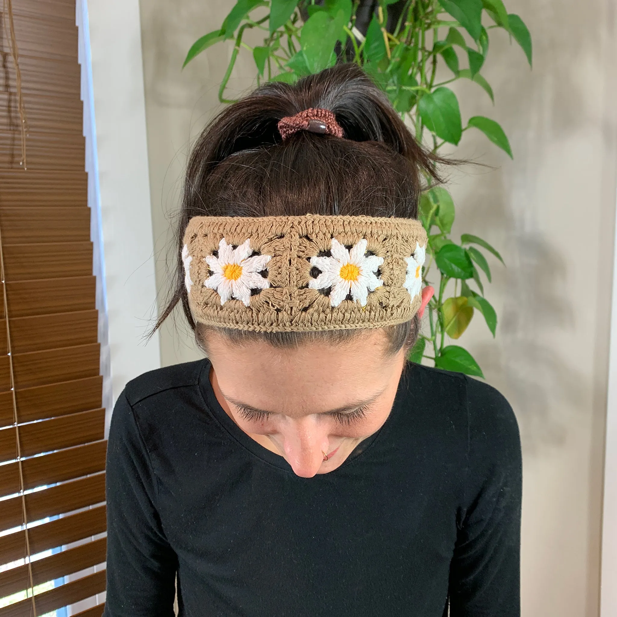 Solar Eclipse Floral Western Hand Knit Crochet Hair Headband in Beige