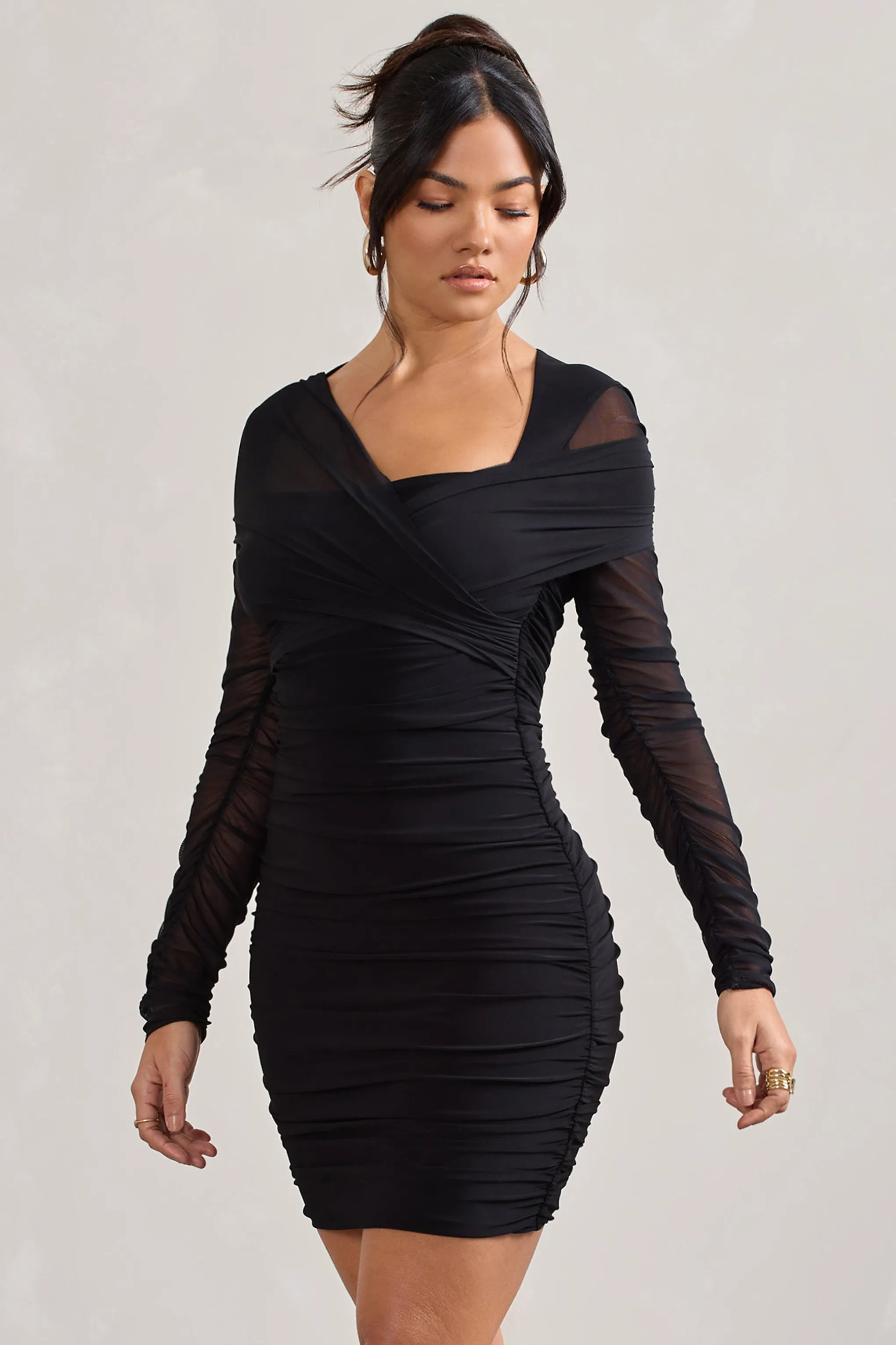 Sparks Fly | Black Ruched Mesh Long-Sleeved Bodycon Mini Dress