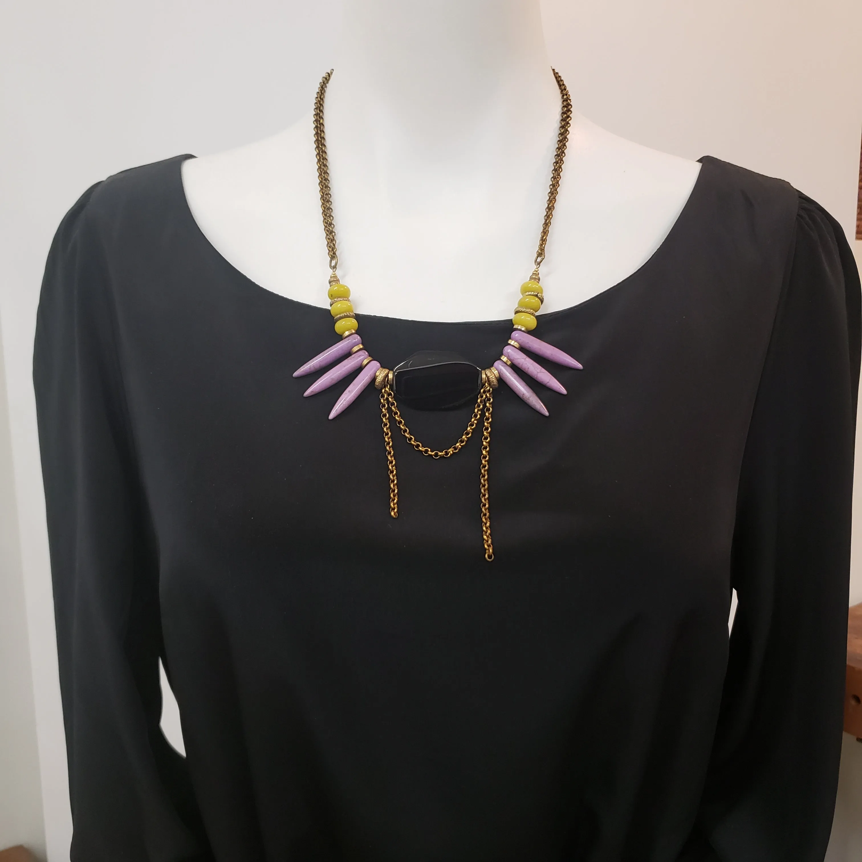 Spike Fringe Collar Necklace - Black Agate