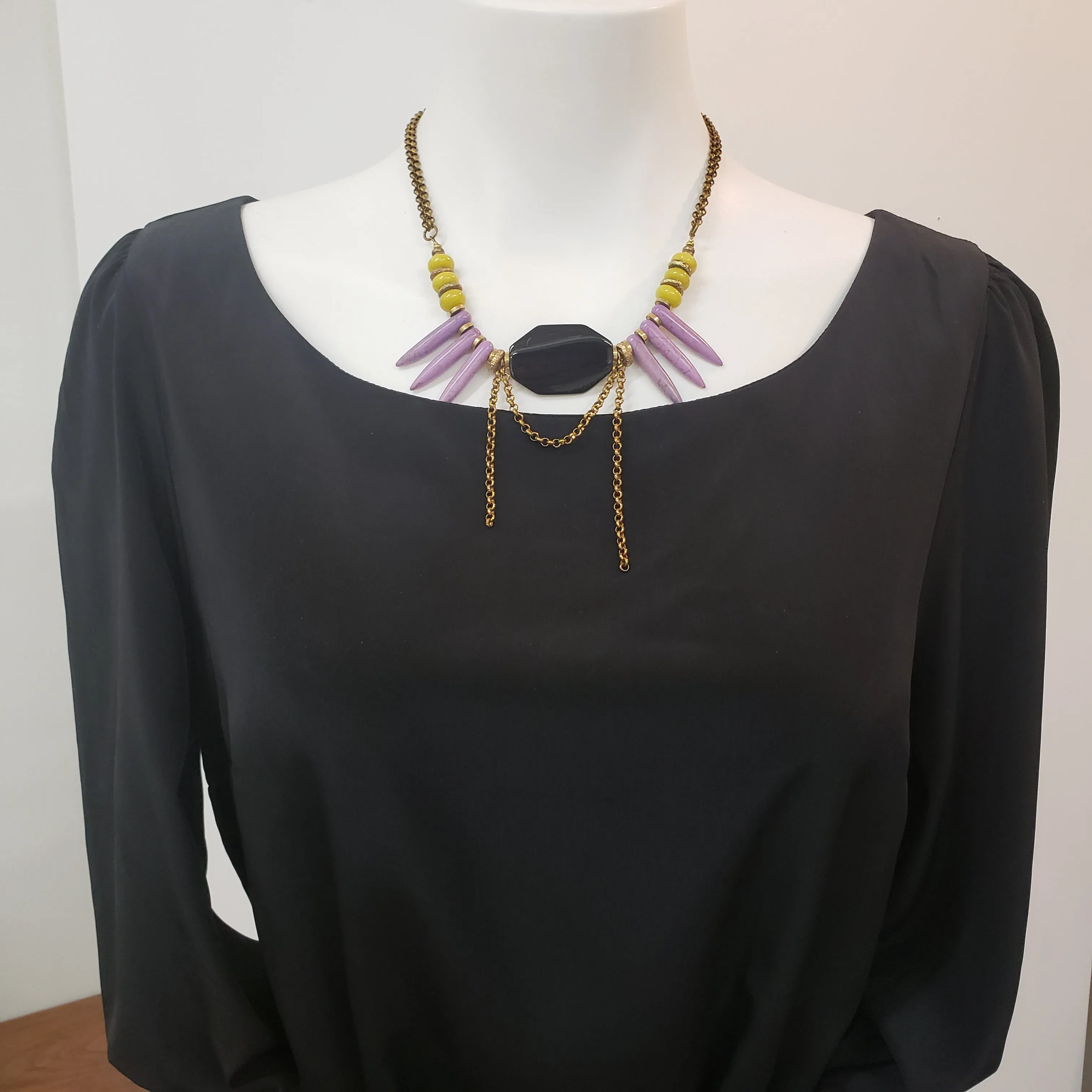 Spike Fringe Collar Necklace - Black Agate