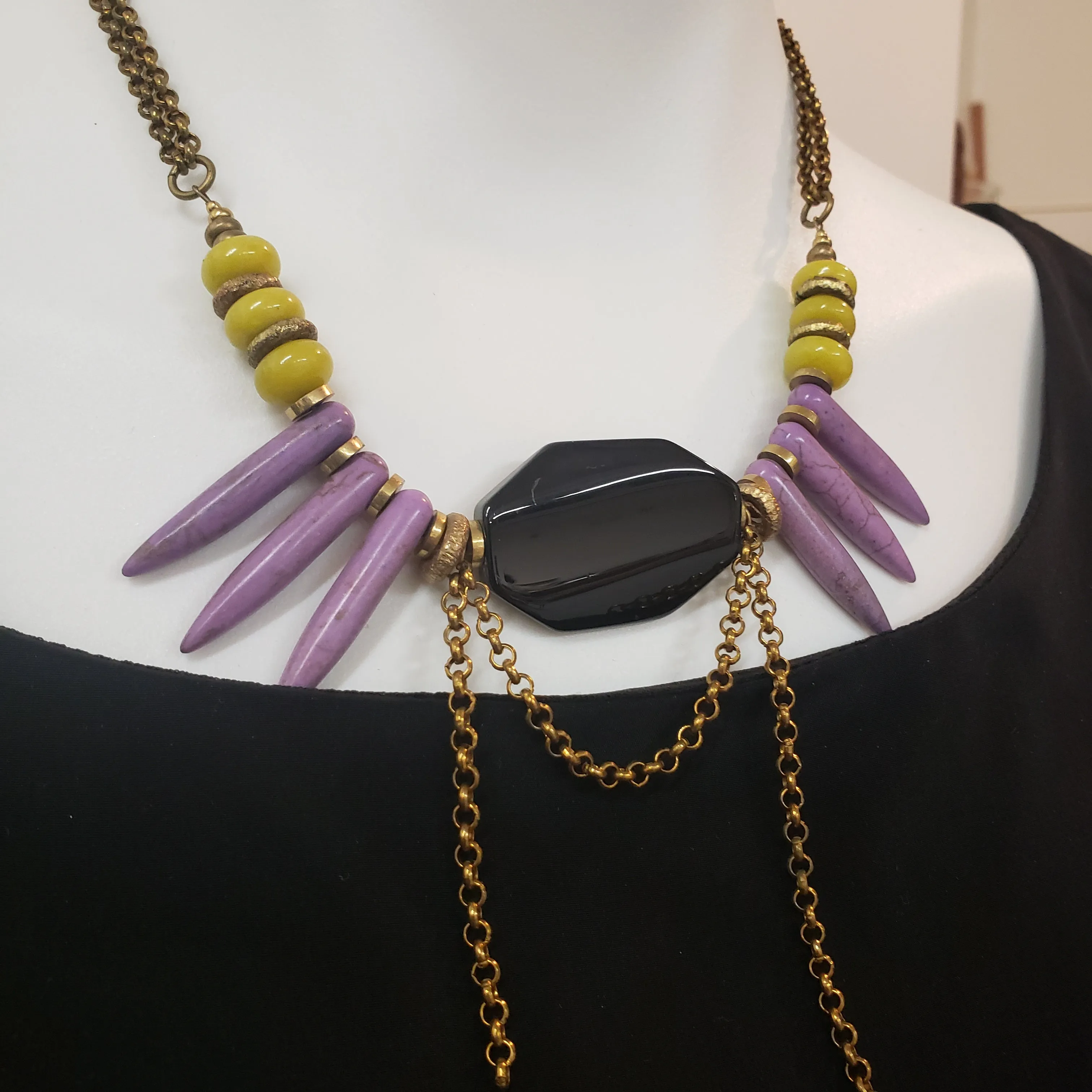 Spike Fringe Collar Necklace - Black Agate