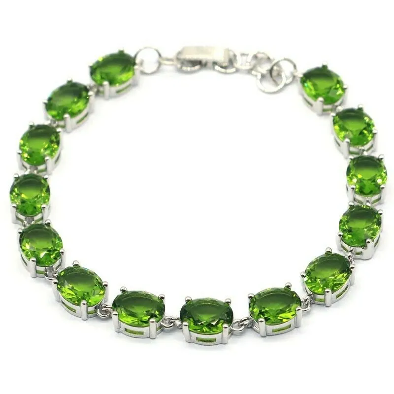 Sterling Silver Oval Cut Green Peridot Tennis Bracelet