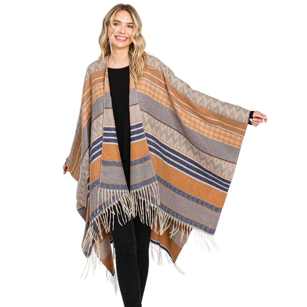 Trendy Aztec Patterned Fringe Ruana Poncho