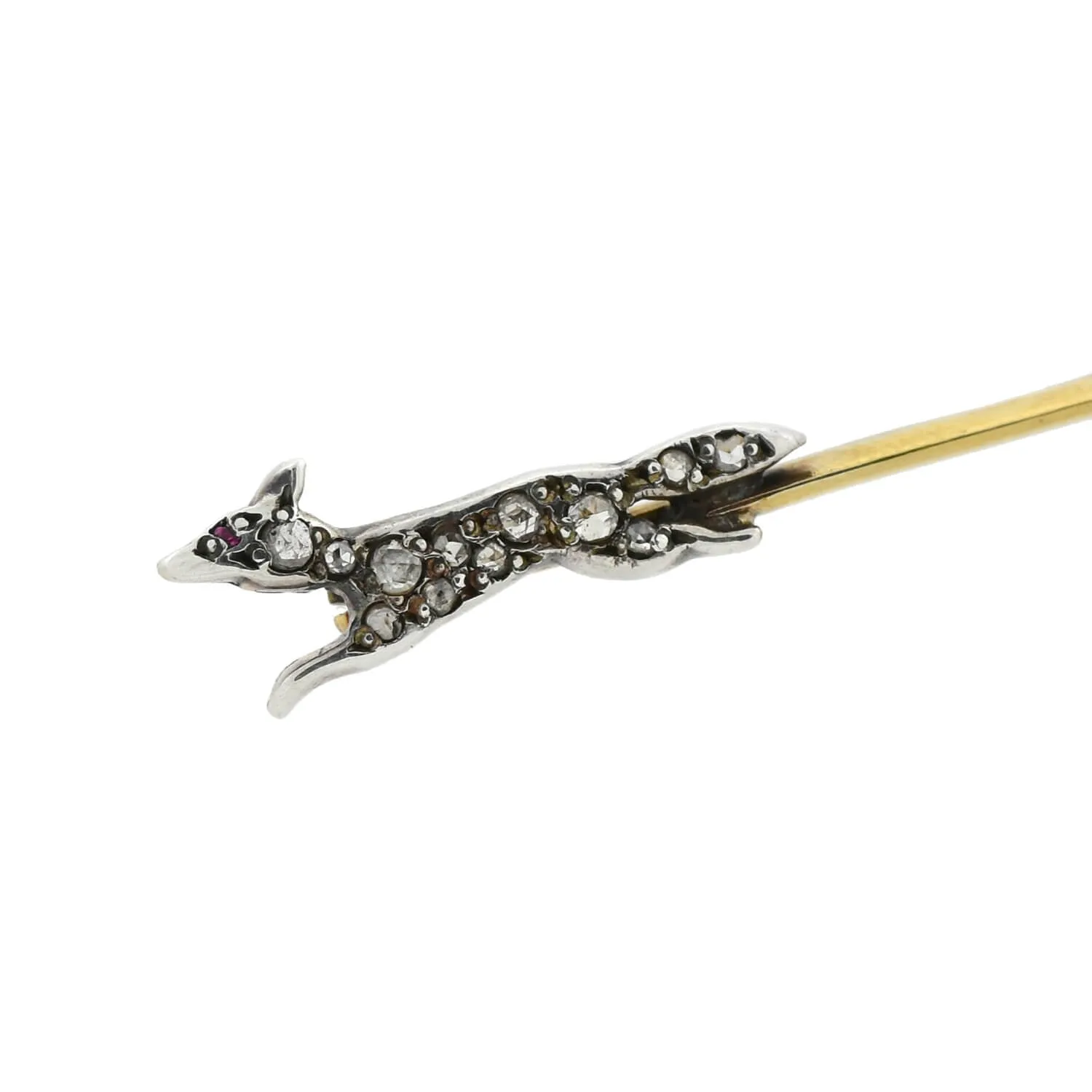 Victorian 14kt/Sterling Diamond   Ruby Fox and Hunting Hound Pin