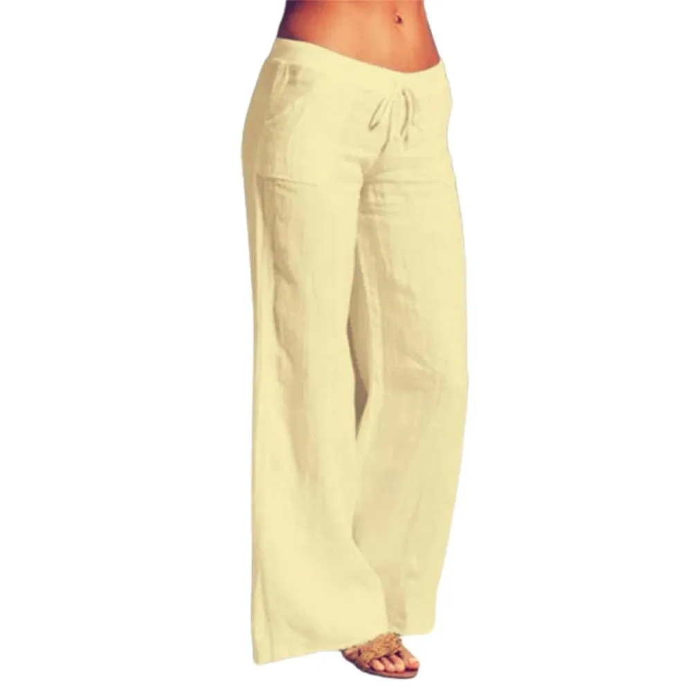 Vintage Linen Pants Long Casual Loose Wide Leg Pants Elastic Waist