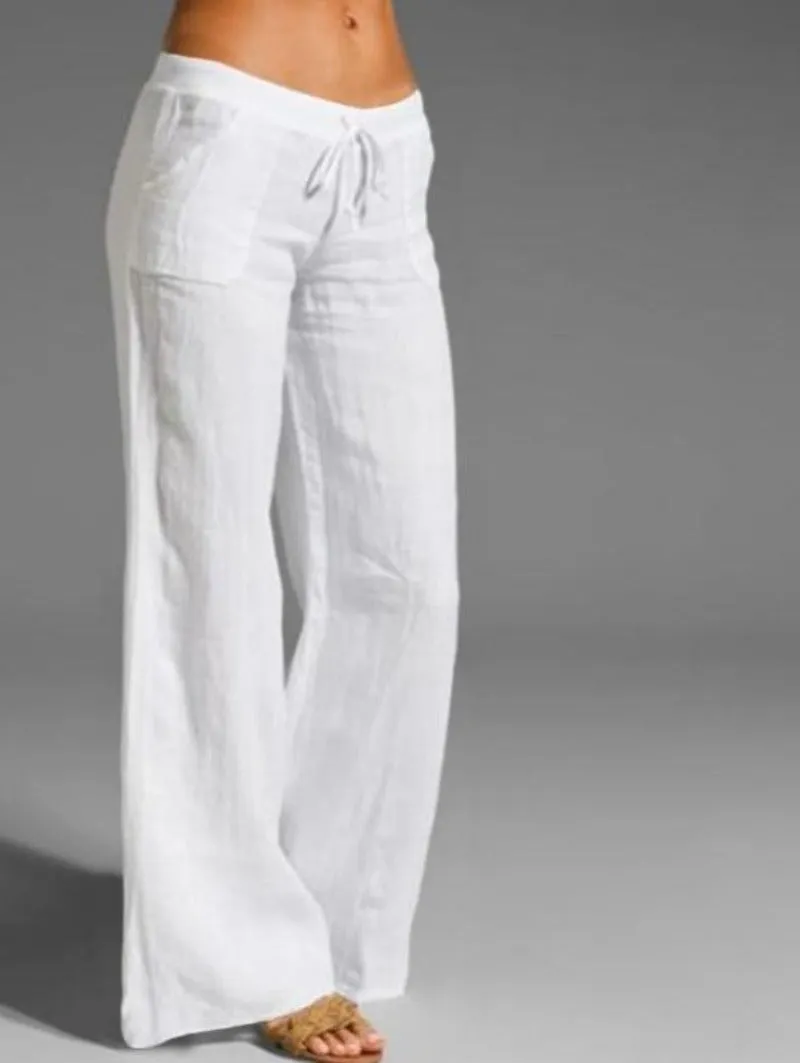 Vintage Linen Pants Long Casual Loose Wide Leg Pants Elastic Waist