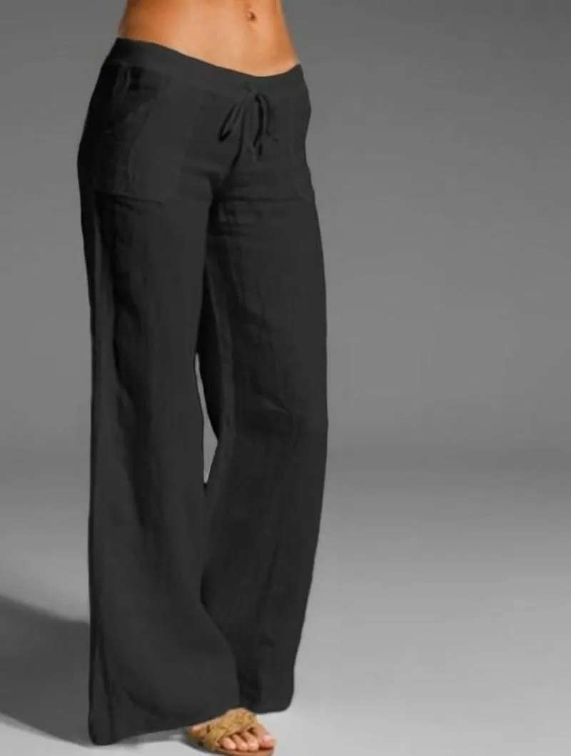 Vintage Linen Pants Long Casual Loose Wide Leg Pants Elastic Waist