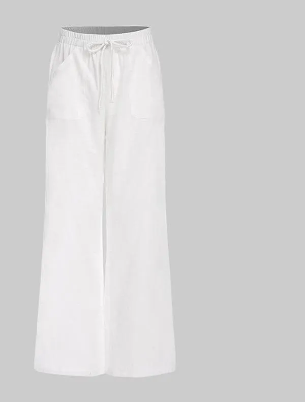 Vintage Linen Pants Long Casual Loose Wide Leg Pants Elastic Waist