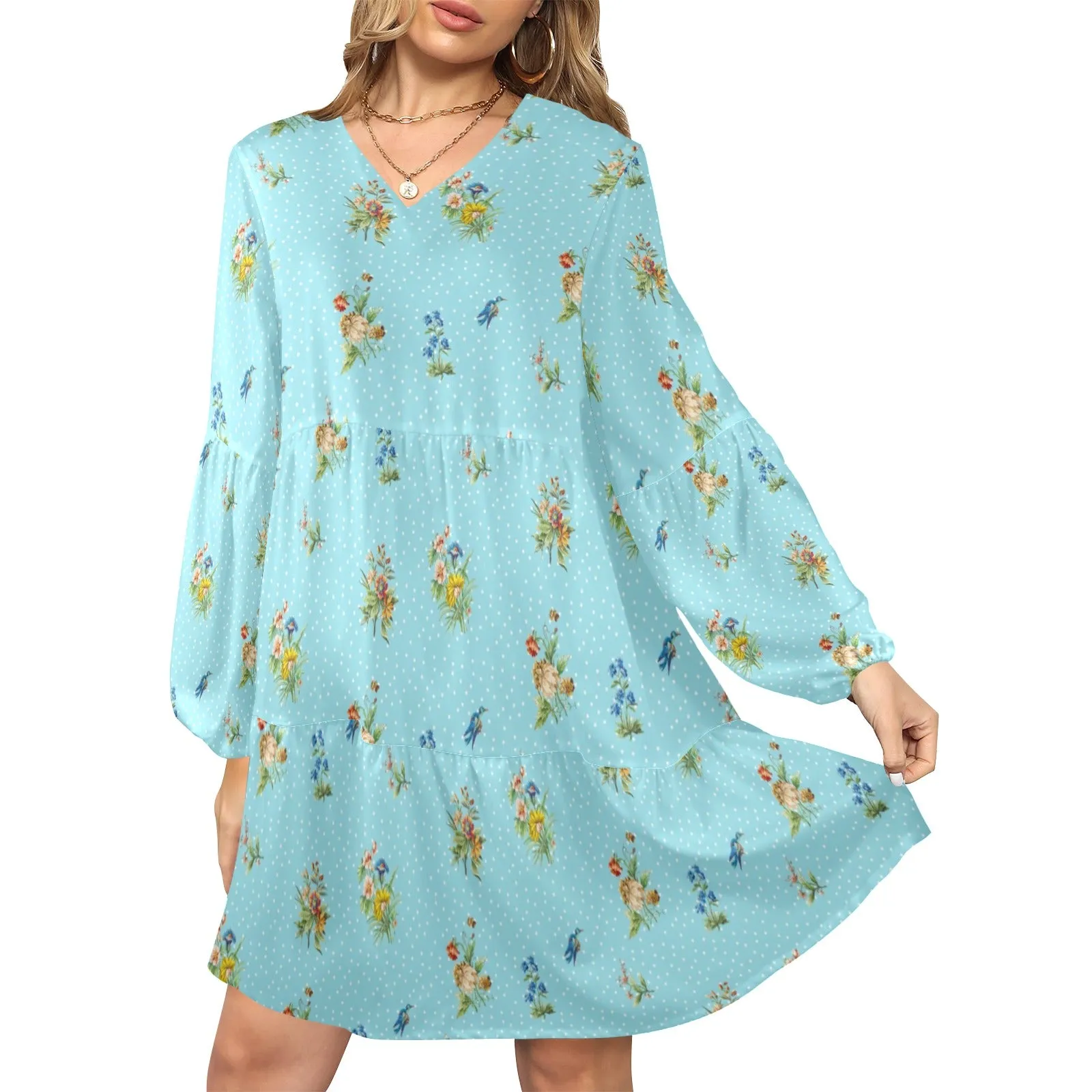 wildflower polka dot V-Neck Loose Fit Dress (Model D66)