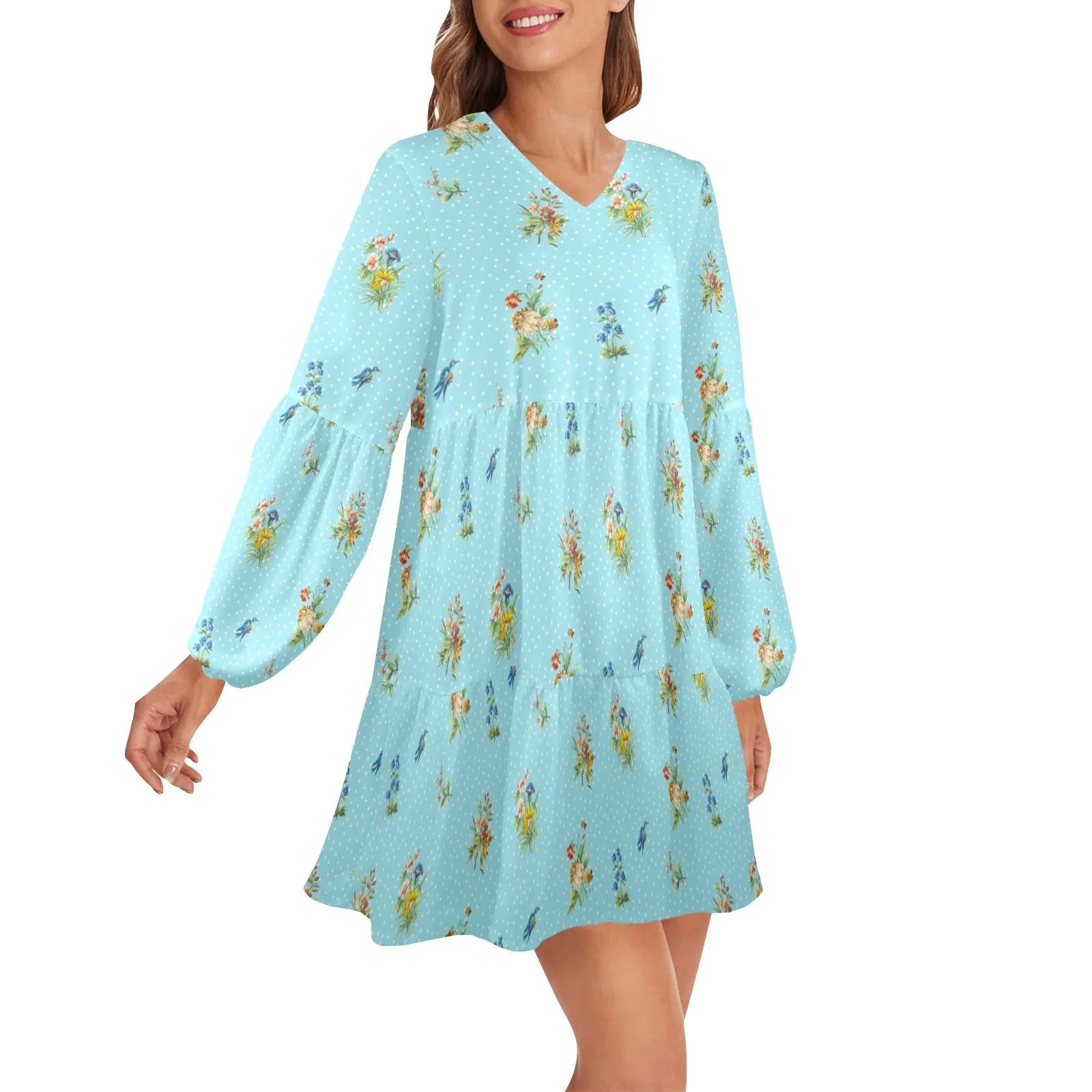 wildflower polka dot V-Neck Loose Fit Dress (Model D66)